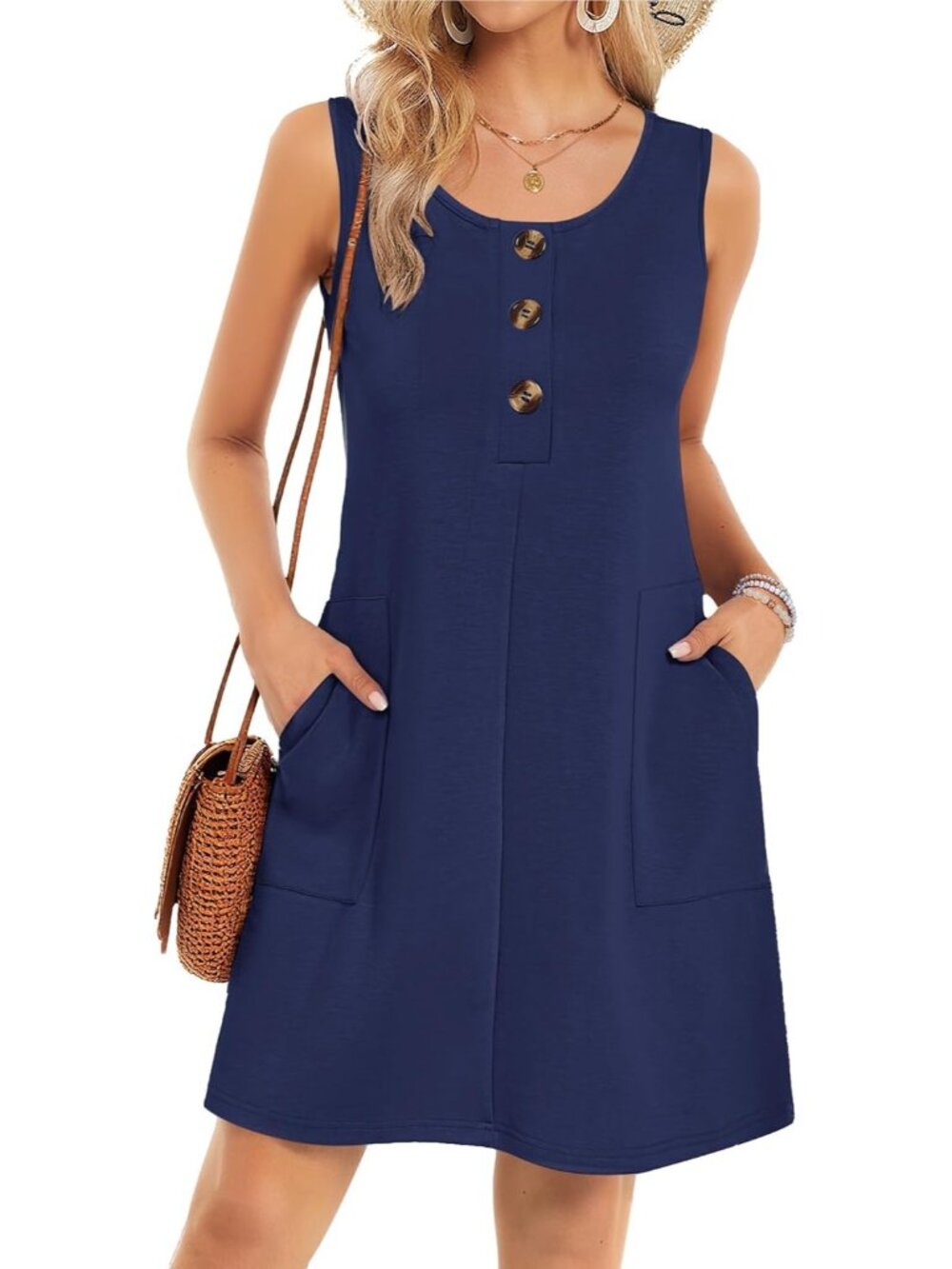 Women's Navy Summer Dress Sleeveless Casual Crewneck Beach Cover Up Mini Dress